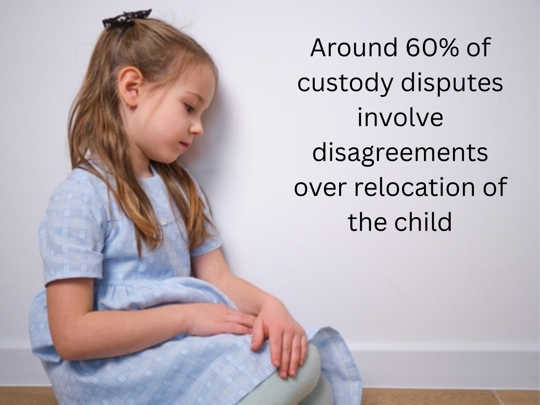 Young girl in a blue dress sits on the floor against a wall; text states that 60% of custody disputes involve disagreements over relocating the child—raising questions like, "Can I fight for custody from another state?.